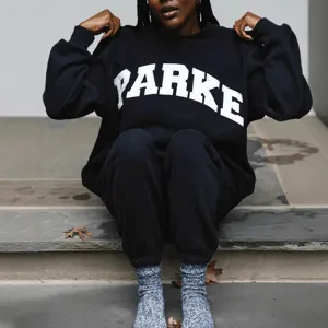 Women Casual Fleece Sweatshirt Set Crew Neck Long Sleeve Pullover Top And Bottom Letter Print Streetwear Outfit