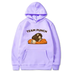 Felpa viola con cappuccio, grafica di scimmietta e scritta Team Punch, casual e comoda.