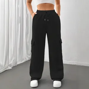 Comfortable black cargo sweatpants for men and women, featuring a loose fit and drawstring waist.