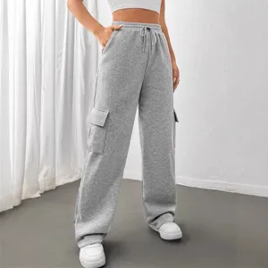 Casual grey cargo sweatpants for men and women, loose wide leg joggers with drawstring waist.