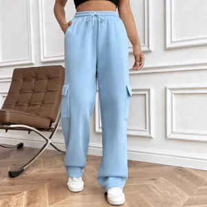 Light blue loose cargo sweatpants for women casual drawstring wide leg streetwear