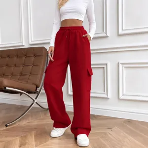 Red loose cargo sweatpants for women men high waist drawstring wide leg casual trousers