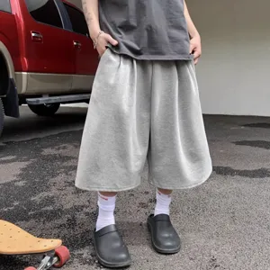 Men American Streetwear Solid Color Wide Leg Shorts Summer Loose Casual Capri Shorts Comfortable Breathable Bottom Trousers