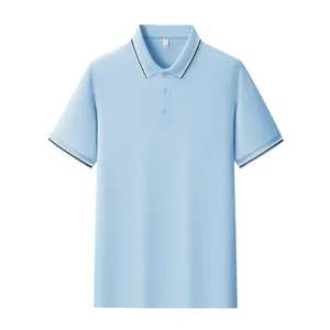Close-up details of the light blue polo shirt collar, ribbed cuffs, and button placket.