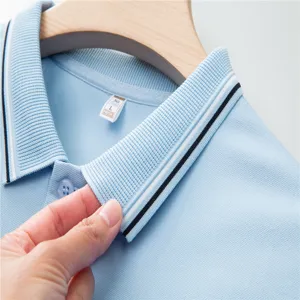 Men's summer casual polo shirt detail view, light blue knit collar with classic striped design.
