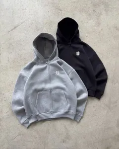 Casual street style zip-up hooded sweatshirt with chest embroidery detail, high quality.