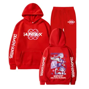 Modischer Kpop Demon Hunters Hoodie Jogginganzug, rote lässige Sportbekleidung für Damen Herren.