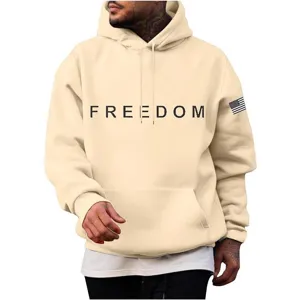 Sweat à capuche beige unisexe avec impression poitrine FREEDOM et écusson vue principale.