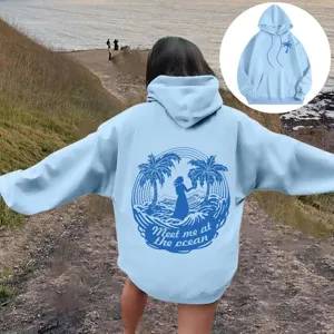 Sweat à Capuche Femme Graphique Palmier Top Oversized Épaules Tombantes Sweat en Polaire Imprimé Manches Longues Pullover Décontracté Streetwear Vêtement d'Extérieur