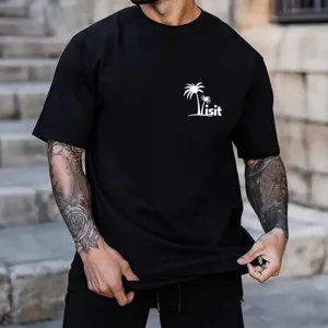 Unisex Loose Fit Cotton Round Neck Short Sleeve T-Shirt Hawaiian Tropical Coconut Tree Letter Print Everyday Graphic Top