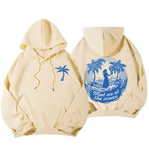Sweat à capuche beige oversize graphique palmier femme pull manches longues décontracté