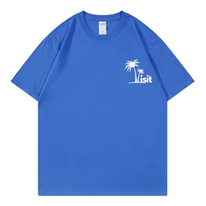 Blue short sleeve crewneck t-shirt with palm tree visit graphic front main view product