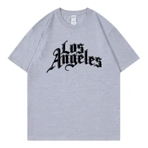 Casual grey short sleeve t-shirt for women featuring Los Angeles chest graphic print.