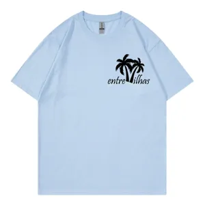 Casual light blue short sleeve t-shirt with palm tree chest graphic for women and men summer wear.