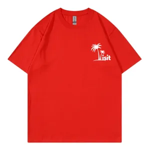Classic red short sleeve crewneck t-shirt featuring a chic tropical palm tree graphic print.