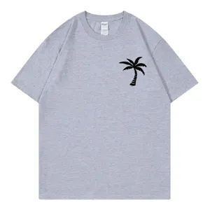 Casual grey short sleeve t-shirt with black palm tree print, comfortable round neck style.