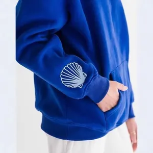 Damen Oversize Blau Hoodie Y2K Drop Shoulder Muschel Print Sweatshirt Streetwear Top