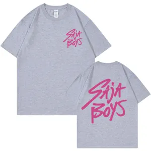 Oversized grey short sleeve t-shirt for men and women with pink graffiti print.