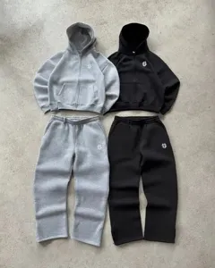 Detailed view of high street zip-up hoodie and matching sweatpants set with fine embroidery.