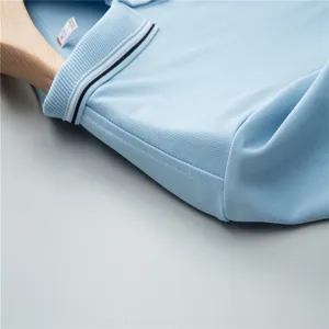 Light blue short sleeve polo shirt collar detail, premium mesh fabric with striped ribbed design.