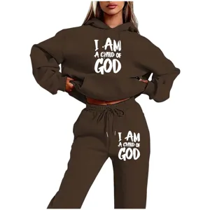 Damen brauner Fleece Hoodie und Jogginghose Set mit Buchstaben Print Freizeit Sportswear