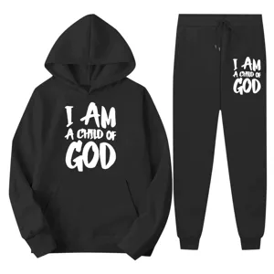 Schwarzer Fleece Kapuzenpullover und Jogginghose Set für Damen mit weißem Buchstaben Druck.