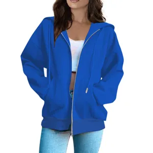 Women blue zip up hoodie loose casual long sleeve hooded sweatshirt jacket outerwear top.