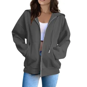 Casual dark grey zip-up hoodie for women, oversized long sleeve hooded sweatshirt with pockets.