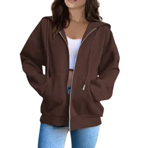 Detailed view of women casual brown zip up hoodie, loose fit plus size outerwear top.