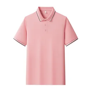 Men's pink short sleeve polo shirt with striped lapel casual business daily summer top.