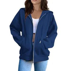 Oversized deep blue zip-up hoodie detail view, comfortable fleece fabric for casual daily wear.