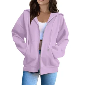 Women casual loose zip up hooded sweatshirt long sleeve jacket for daily wear spring autumn.