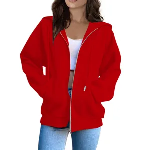 Classic red zip-up hoodie for women, loose casual long sleeve outerwear with comfortable fit.