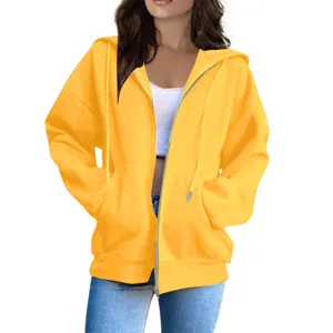 Women casual yellow zip up hoodie loose long sleeve cardigan sweatshirt with hood and pockets.