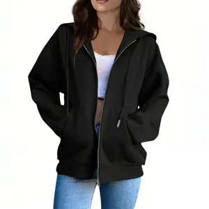 Women's Oversized Zip Up Hoodie Gothic Solid Color Long Sleeve Sweatshirt With Pockets Loose Fit Printed Hoodie Top