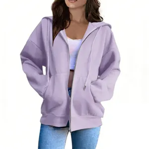 Women oversized zip up hoodie casual long sleeve loose light purple hooded sweatshirt with pockets