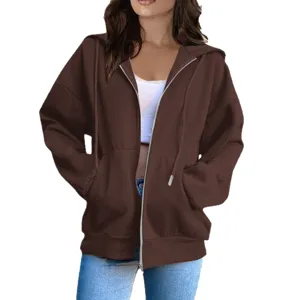 Oversized brown zip-up hoodie for women, casual long sleeve fleece hooded sweatshirt top.