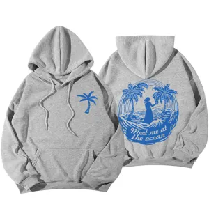 Sweat à Capuche Gris Imprimé Femme Pull Manches Longues Casual Motif Palmier de Plage Chic