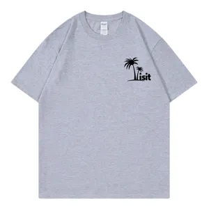 Grey short sleeve t-shirt with palm tree visit graphic print casual summer top for daily wear