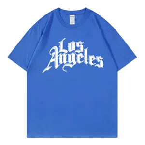Classic blue short sleeve t-shirt featuring a white Los Angeles gothic print for casual wear.