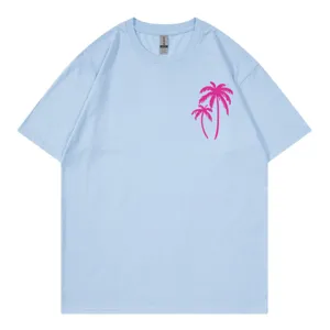 Hellblaues Kurzarm T-Shirt mit rosa Palme Grafikprint, lässiges Rundhals-Oberteil.