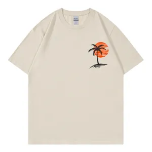Lässiges beige Kurzarm-T-Shirt für Damen mit trendigem Sonnenuntergang-Palmen-Print.