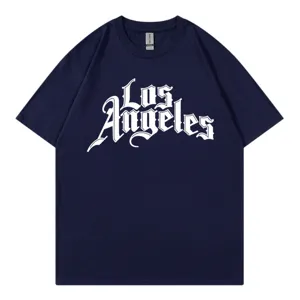 Dark blue short sleeve T-shirt for women, casual crewneck top with Los Angeles gothic print.