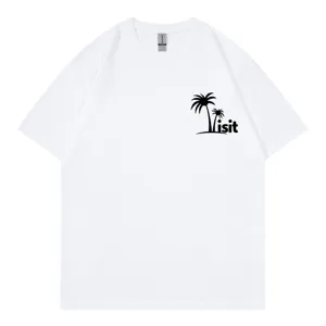 Casual white short sleeve cotton t-shirt featuring a stylish palm tree graphic print top.