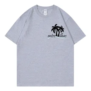 Grey short sleeve crewneck t-shirt featuring a palm tree graphic print on the left chest.