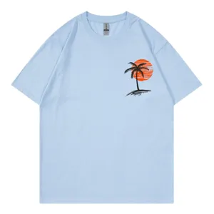 Hellblaues Kurzarm T-Shirt mit Palme Sonnenuntergang Druck Freizeit Sommer Top Damen