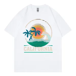 Casual white short sleeve t-shirt with retro California surf graphic print round neck top.