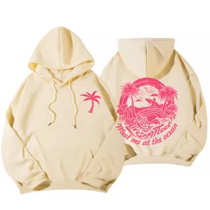 Beige oversize κουκούλα φούτερ με στάμπα παραλία γυναικείο casual μακρυμάνικο