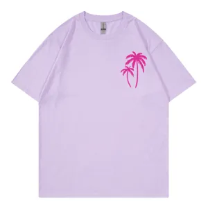 Lässiges lockeres Kurzarm-Rundausschnitt T-Shirt in Lavendel mit pinkem Palmen Grafikdruck.