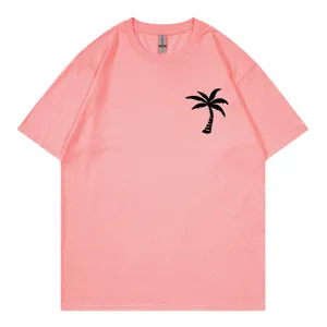 Women casual pink short sleeve t-shirt with black palm tree graphic print top